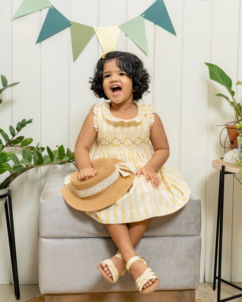 Elegant Smockers LK | Yellow & White Scallop Collared Smocked Girls Dress | Sri Lanka 