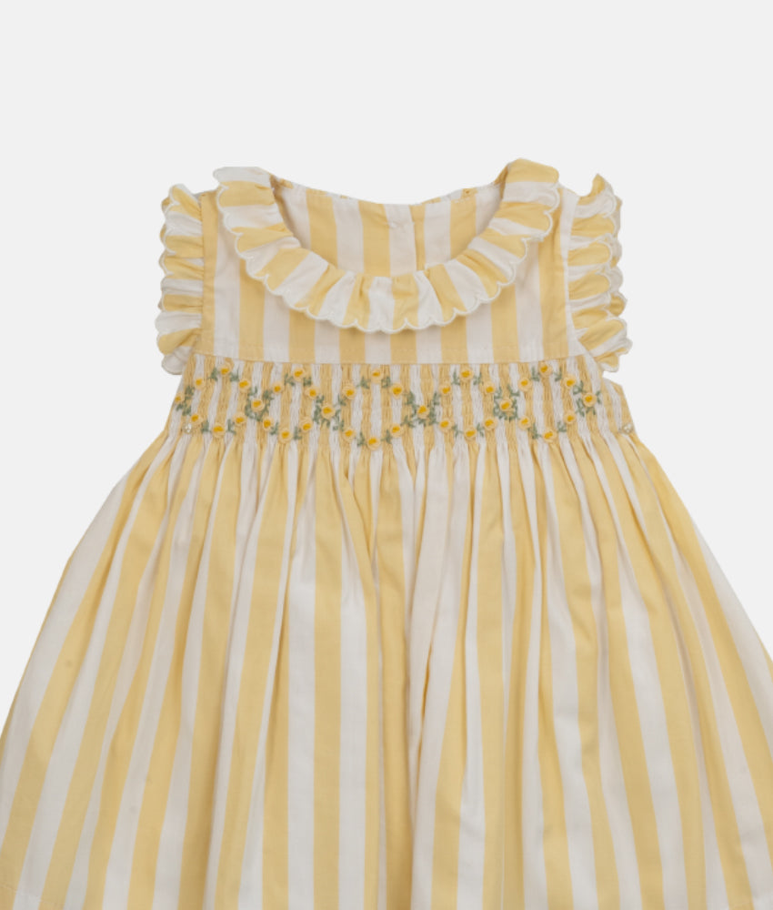 Elegant Smockers LK | Yellow & White Scallop Collared Smocked Girls Dress | Sri Lanka 