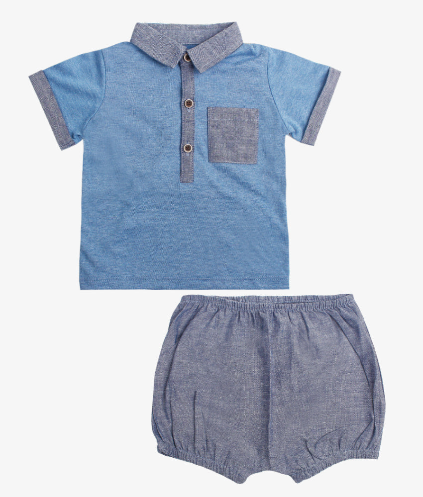 Elegant Smockers LK | Baby Boys Collared T-Shirt & Short Set - Blue | Sri Lanka 