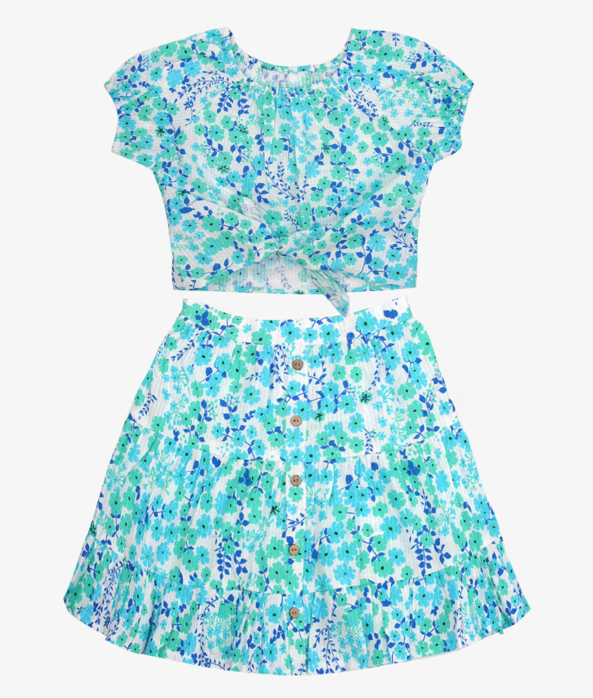 Elegant Smockers LK | Blue Mint Floral Girls Skirt & Blouse Set | Sri Lanka 