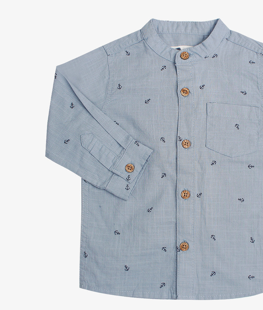 Elegant Smockers LK | Boys Blue Anchor Long Sleeved Shirt - Chinese Collar | Sri Lanka 