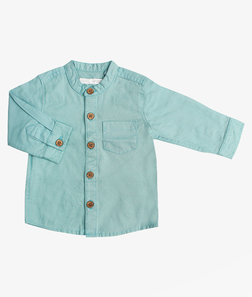 Elegant Smockers LK | Boys Sage Green Long Sleeved Shirt - Chinese Collar -6-9 Months | Sri Lanka 